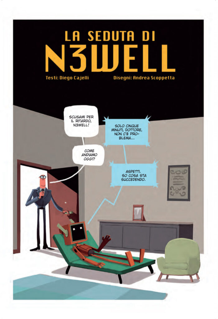 Seconda tavola del fumetto La seduta di N3well, sceneggiata da Diego Cajelli e disegnata da Andrea Scoppetta