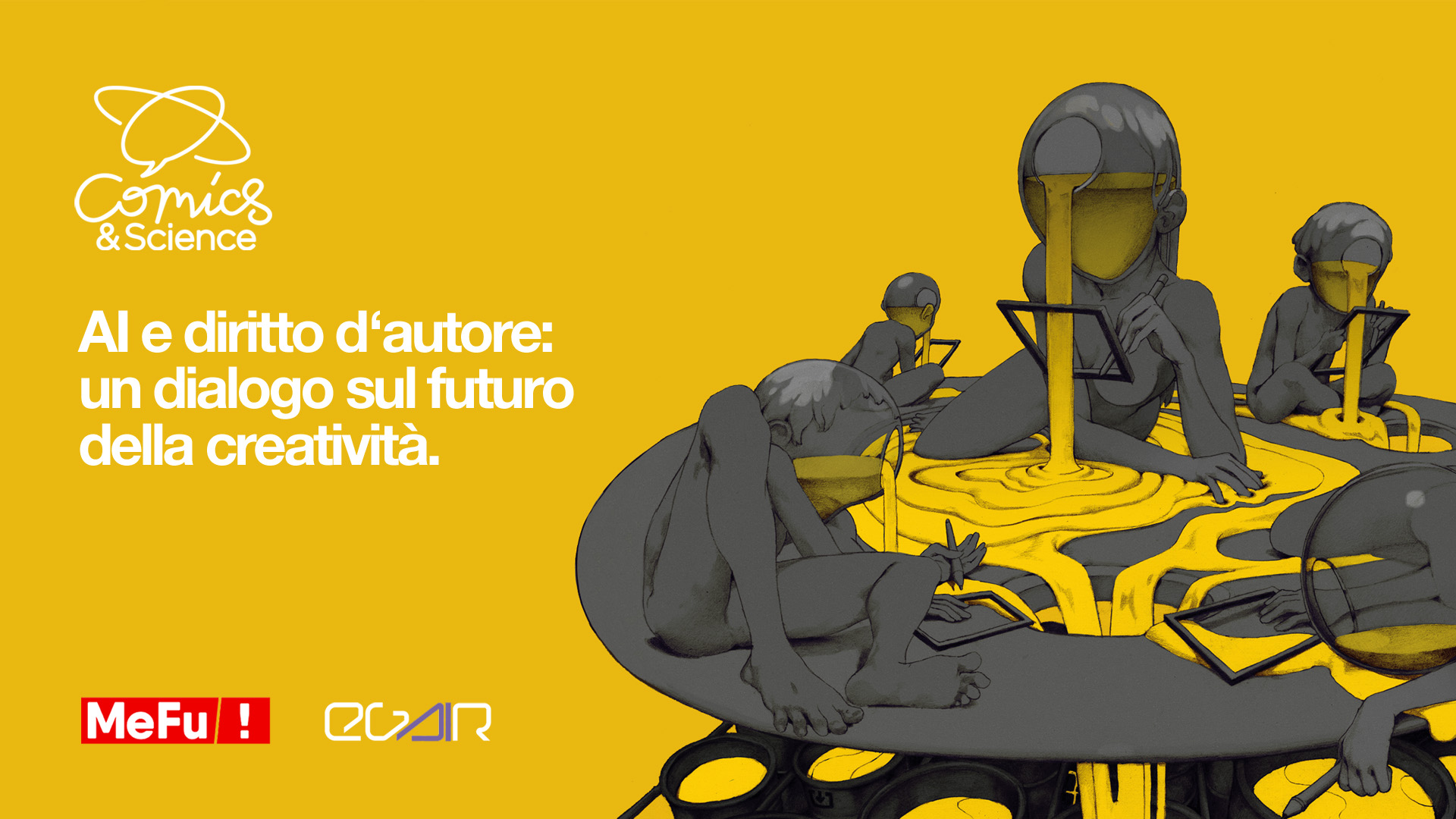 Illustrazione di Lorenzo LRNZ Ceccotti per la conferenza "Il diritto d’autore ai tempi dell’Intelligenza Artificiale" al Comics&Science PALACE