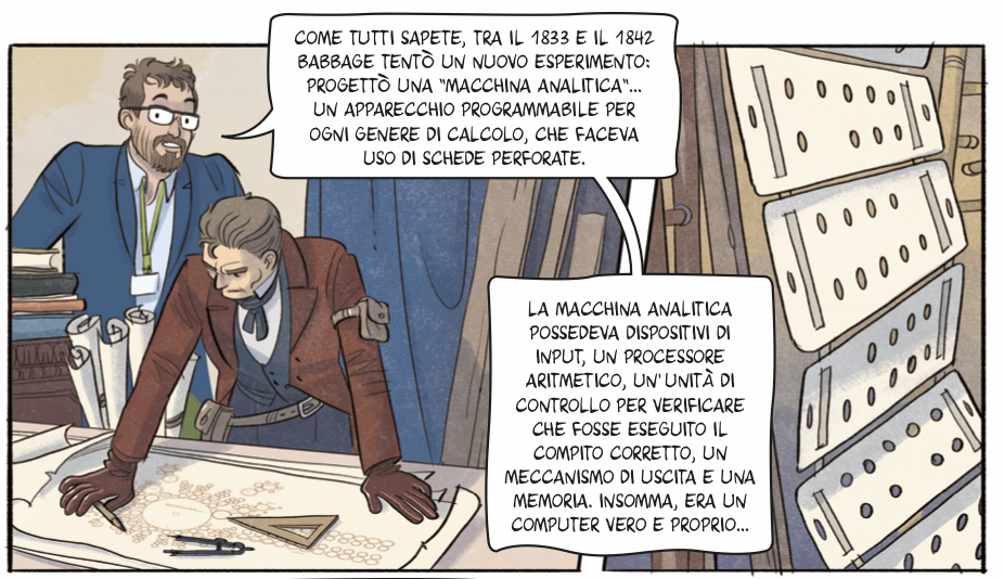 Babbage indaffarato nella progettazione dell'Analytical Engine. Vignetta tratta dal fumetto Il segreto di Babbage: scritto da Alfredo Castelli e disegnato da Gabriele Peddes