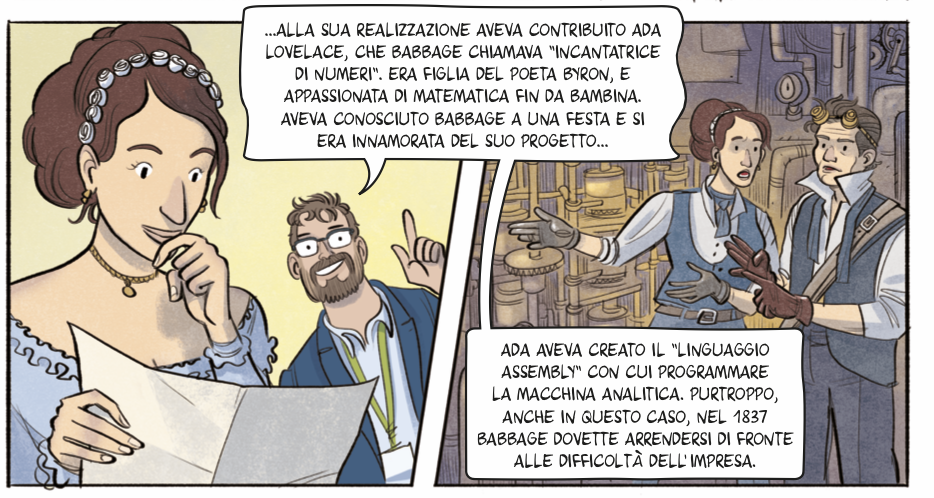 Ada Lovelace e il suo contributo all'Analytical Engine. Vignetta tratta dal fumetto Il segreto di Babbage: scritto da Alfredo Castelli e disegnato da Gabriele Peddes